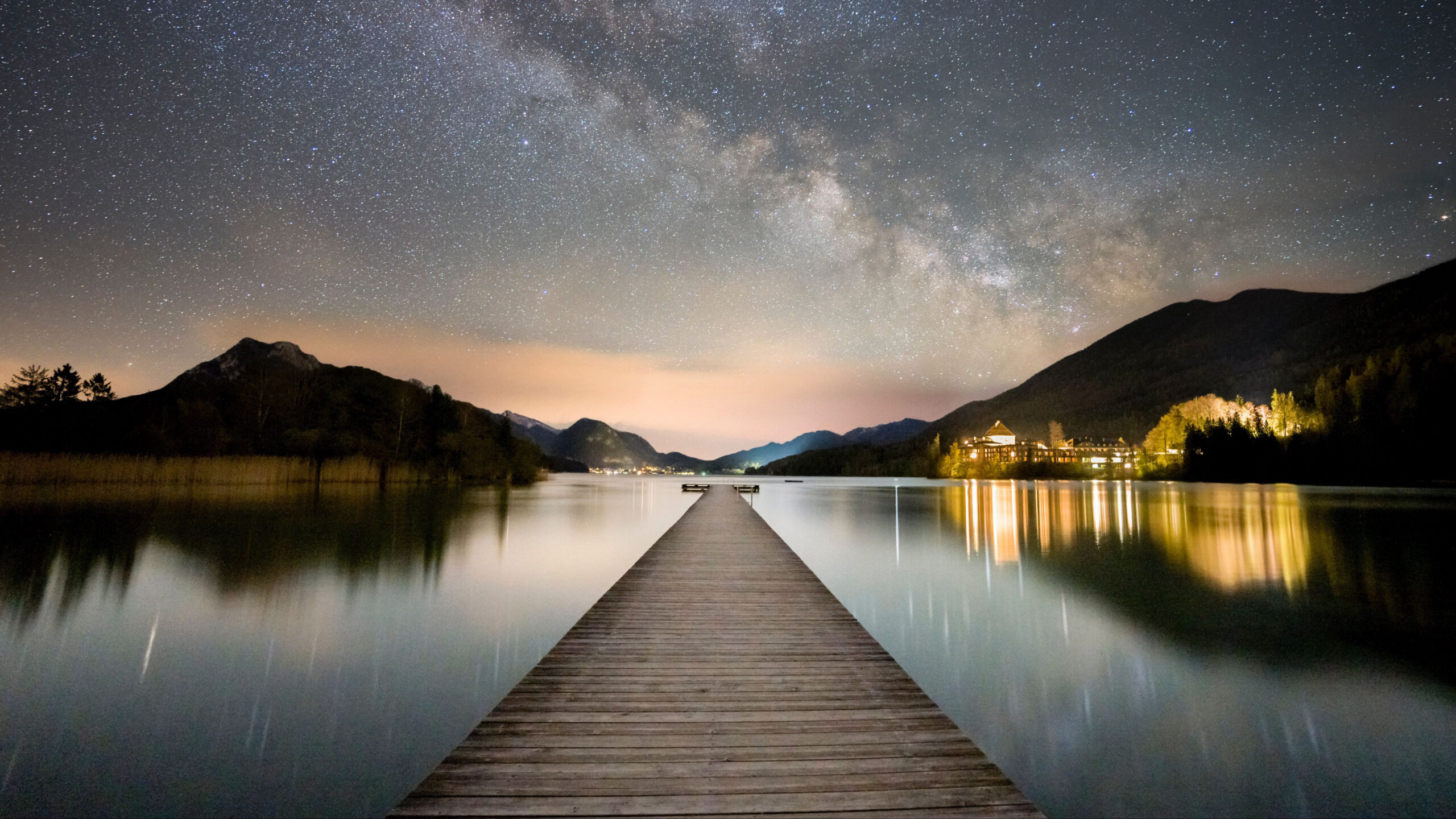 Pier Mountains Reflection On Lake Under Starry Cloudy Sky House With Lights Wood Dock K 2K Nature