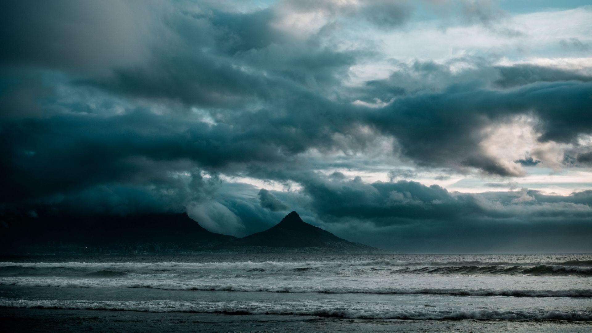 Ocean Surf Waves Landscape View Mountains Rocks Under White Clouds Sky 2K Ocean