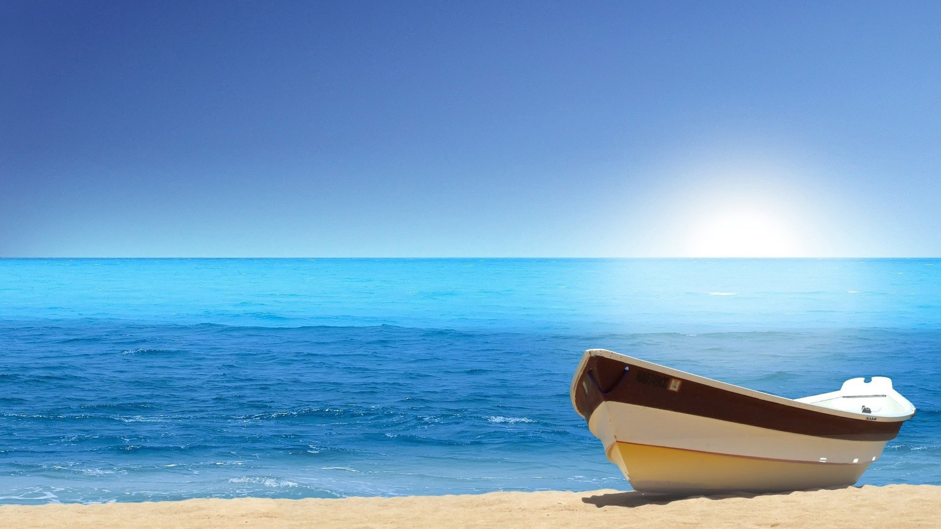 White Brown Boat On Beach Sand With Calm Body Of Water 2K Beach