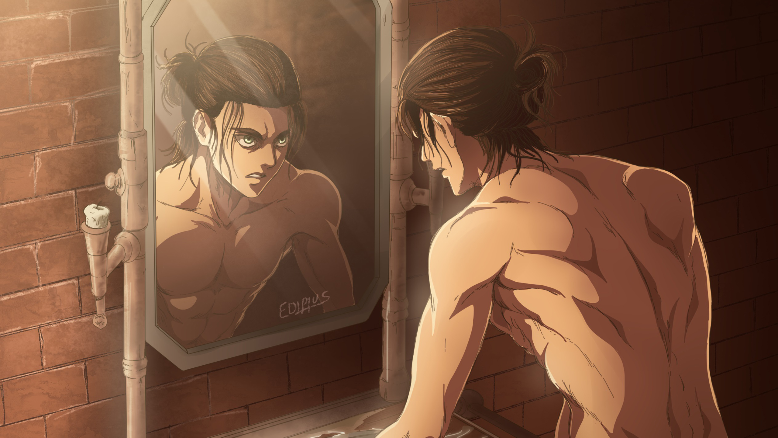Attack On Titan Eren Yeager In Front Of Mirror Seeing His Face With Backgroud Of Brown Wall 2K Anime