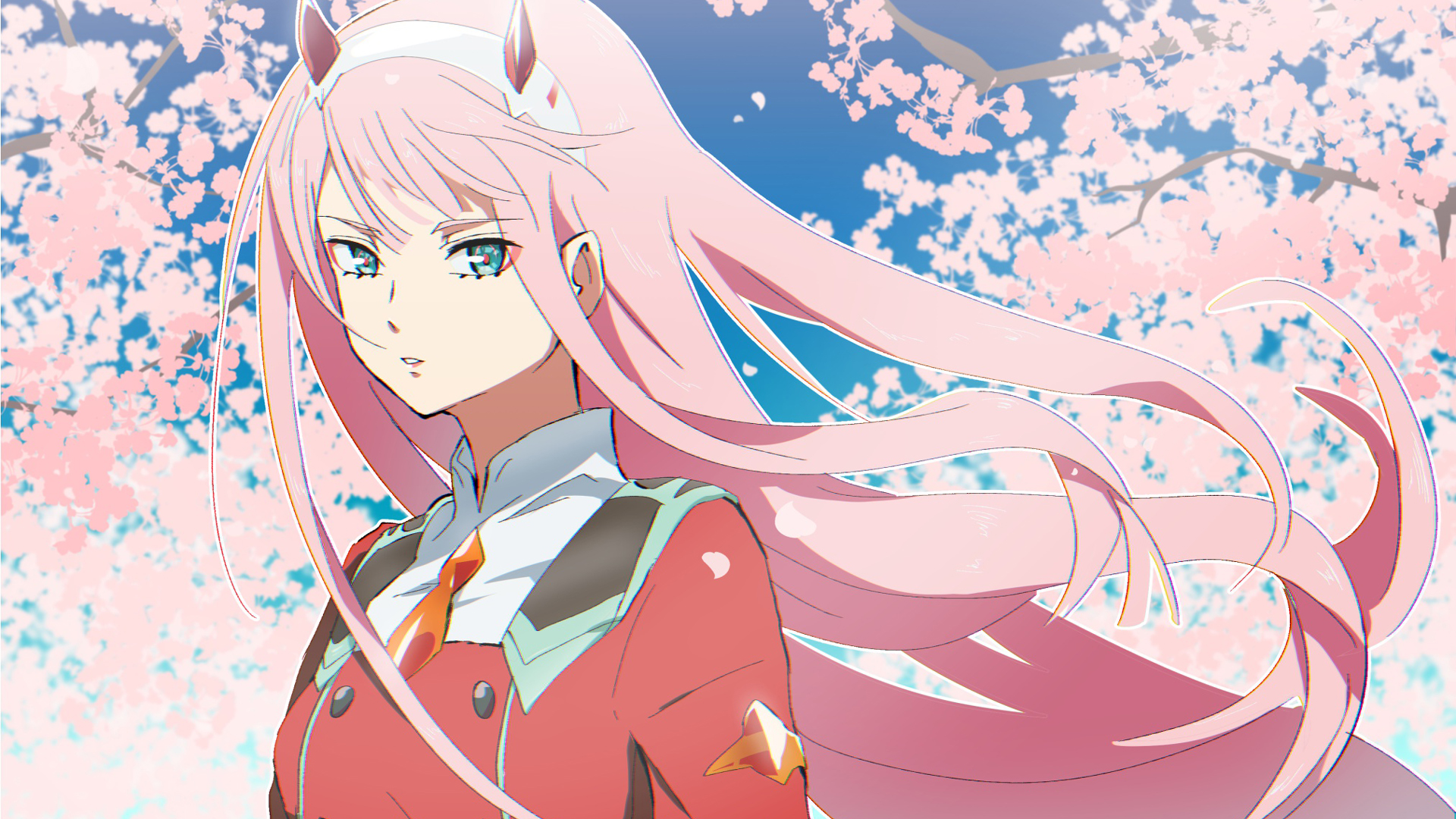 Darling in the franxx zero two with pink hair with Wallpaper of pink flowers and blue sky 2K anime