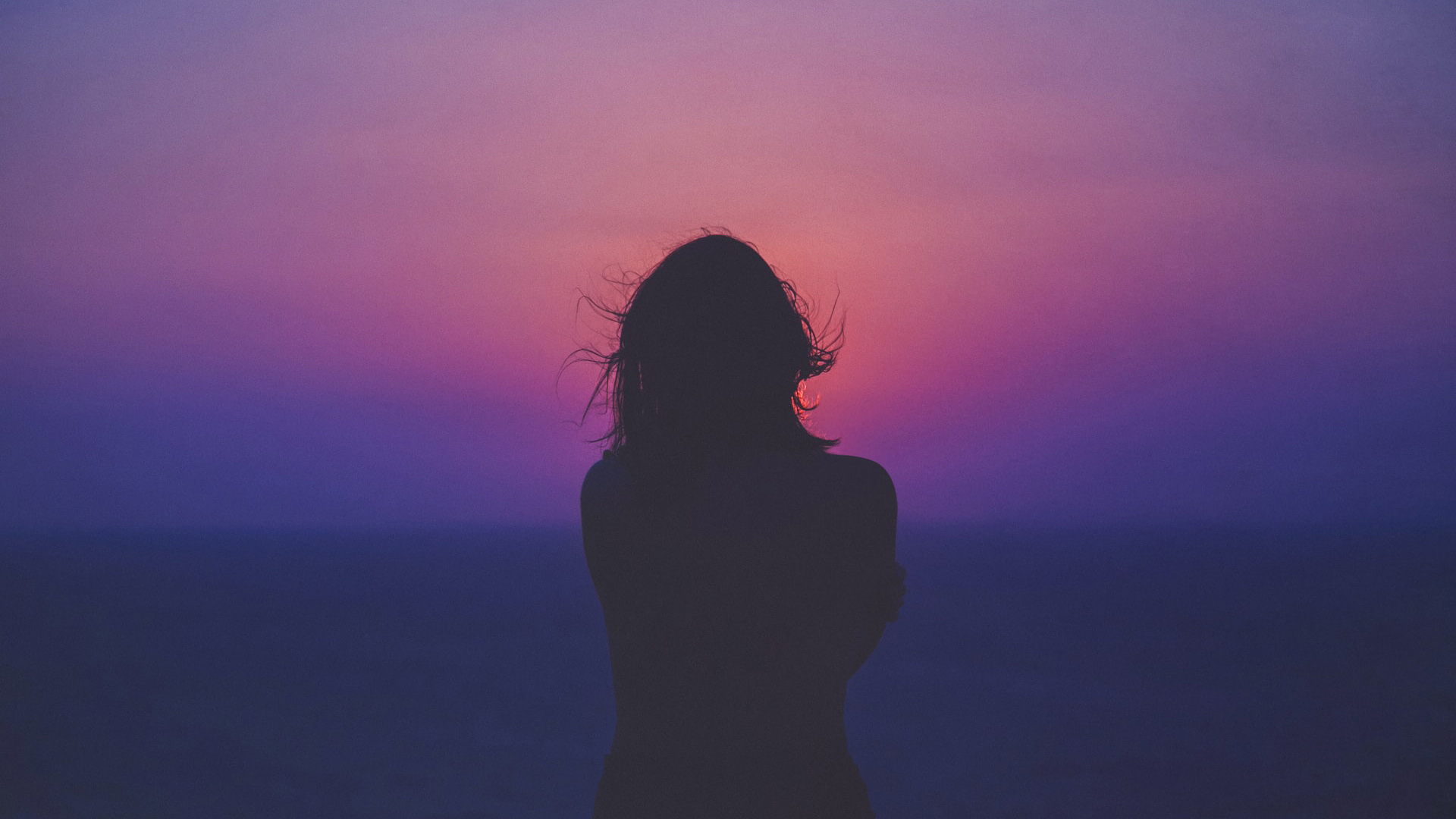 Silhouette Of A Girl With Pink And Purple Sky 2K Alone