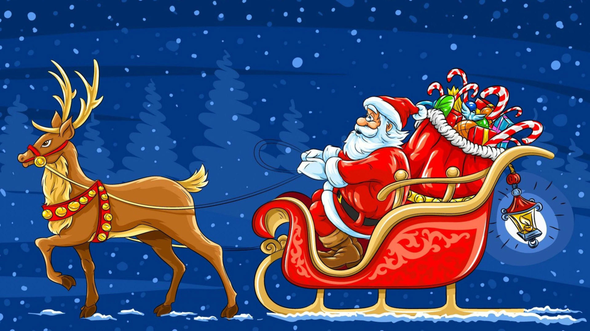 Santa Claus On Sled With Gifts In Blue Sky Wallpaper 2K Santa Claus