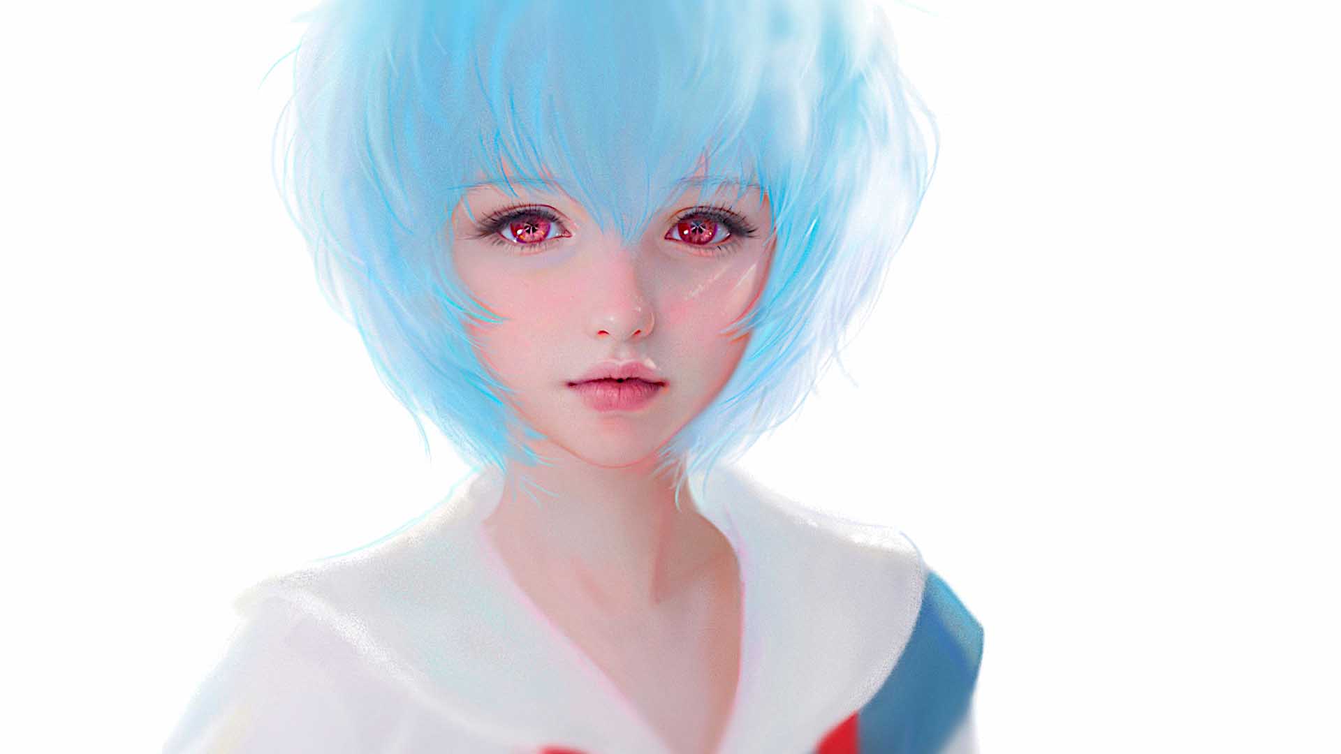 Red Eyes Blue Hair Anime Girl With White Dress In White Wallpaper 2K Anime Girl