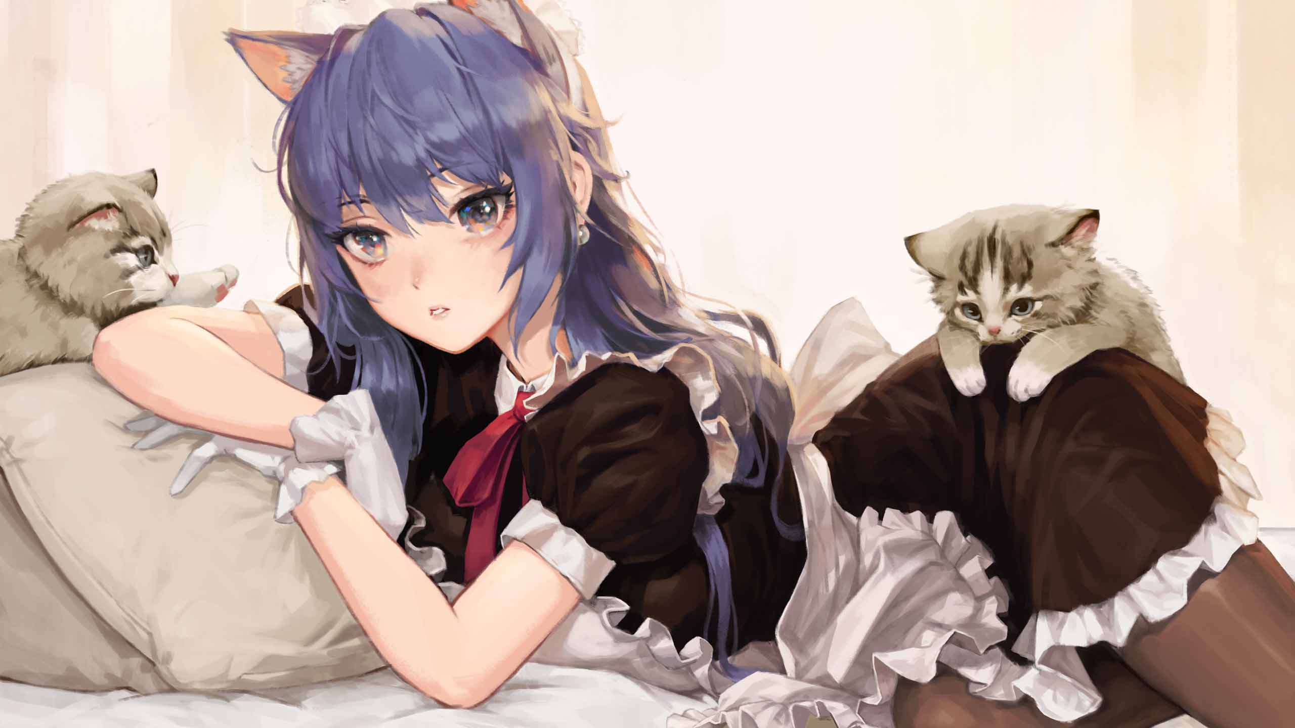 Blue Hair Anime Girl With Cat Kittens Black White Dress 2K Anime Girl