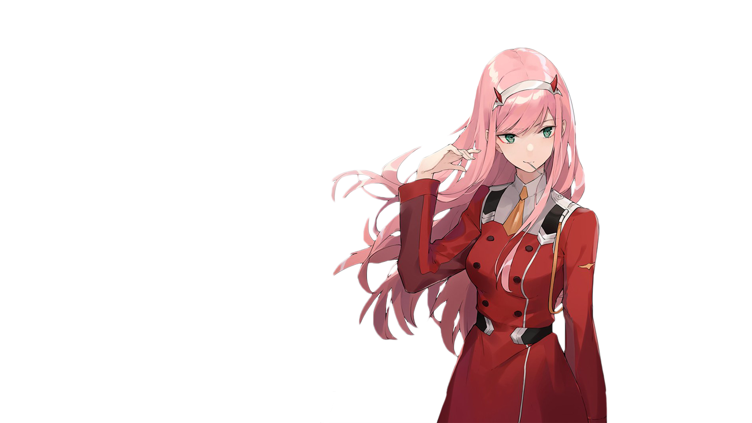 Darling In The FranXX Zero Two Hiro Zero Two With Red Dress And Pink Hair With White Wallpaper 2K Anime